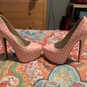 Baby pink and white polka dot platform stilettos